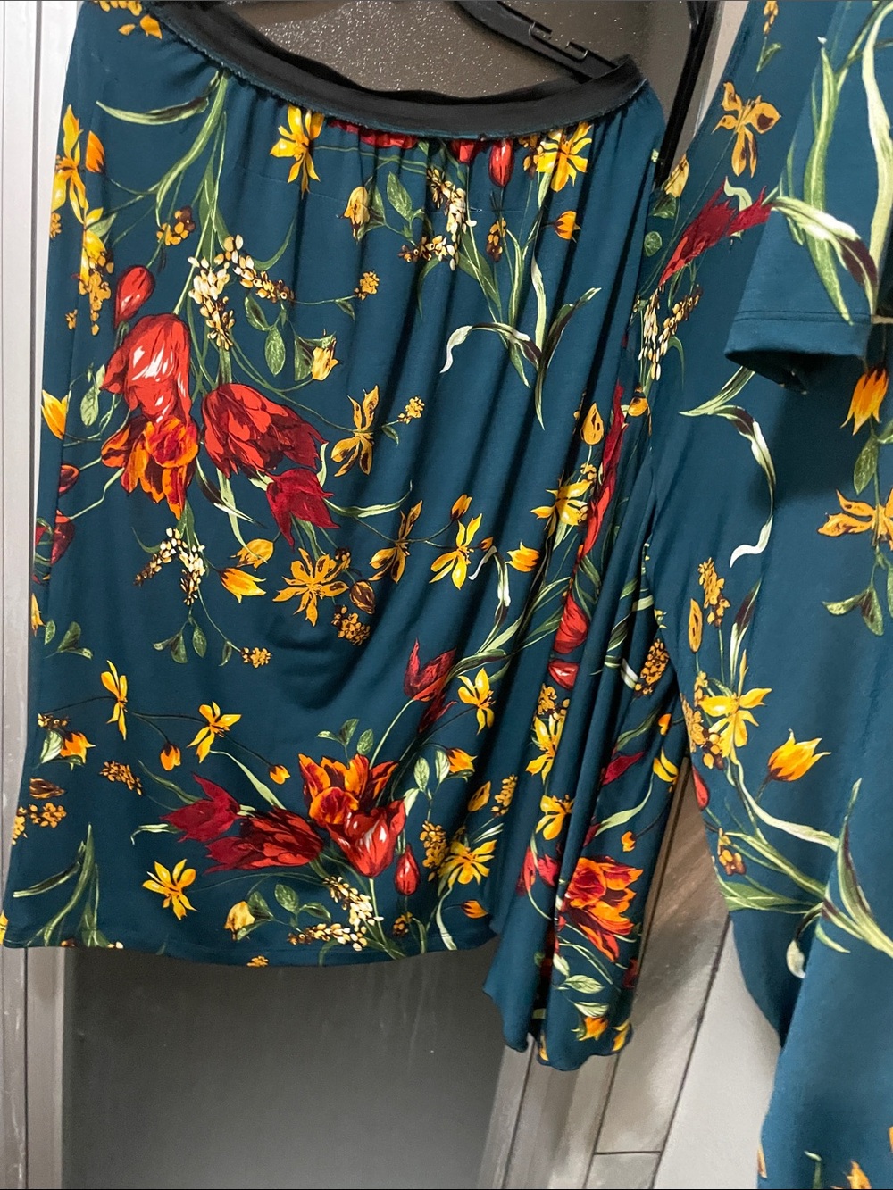 Teal Floral Swing Skirt Set with Red & Yellow Blooms - Picture 3 of 6